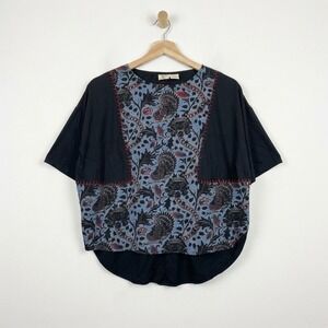 LA Blend Lagenlook Artsy Handcrafted Beaded Floral Patchwork Blouse Small Boxy